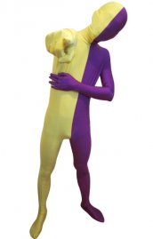 Zentai bicolore purple et jaune élasthanne lycra déguisement seconde peau