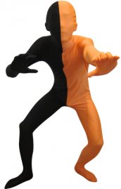 Zentai bicolore noir et orange élasthanne lycra déguisement seconde peau