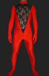 Rouge noir élasthanne lycra dentelle unisexe catsuit sans la cagoule