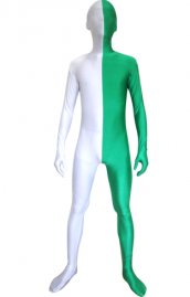 Zentai bicolore vert et blanc élasthanne lycra déguisement seconde peau