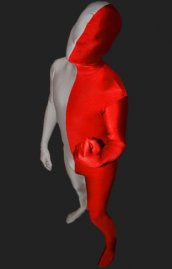 Zentai bicolore argent et rouge élasthanne lycra déguisement seconde peau