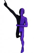 Zentai bicolore noir et purple élasthanne lycra déguisement seconde peau
