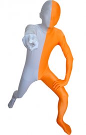 Zentai bicolore blanc et orange élasthanne lycra déguisement seconde peau