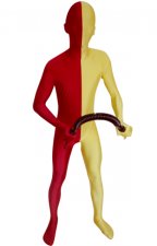 Zentai bicolore jaune et rouge élasthanne lycra déguisement seconde peau