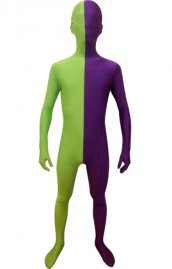 Zentai bicolore purple et vert de printemps élasthanne lycra déguisement seconde peau