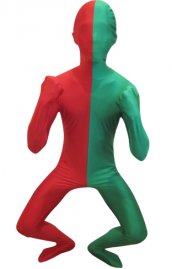 Zentai bicolore rouge et vert élasthanne lycra déguisement seconde peau