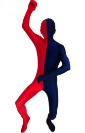 Zentai bicolore rouge et marine élasthanne lycra déguisement seconde peau