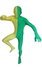 Zentai bicolore vert et jaune élasthanne lycra déguisement seconde peau