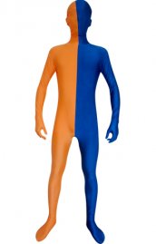 Zentai bicolore orange et bleu élasthanne lycra déguisement seconde peau