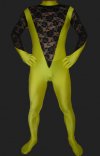 Jaune noir élasthanne lycra dentelle unisexe catsuit sans la cagoule