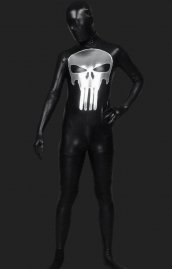 Costume du Punisher Noir argent brillant métallique crane combi intégrale déguisement seconde peau