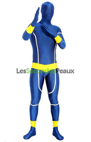 Bleu royal jaune brille dans le noir Super Hero déguisement seconde peau