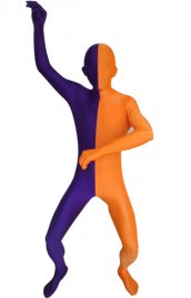 Zentai bicolore purple et orange élasthanne lycra déguisement seconde peau
