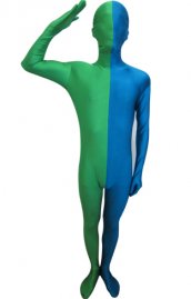Zentai bicolore bleu et vert élasthanne lycra déguisement seconde peau