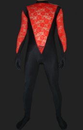 Noir rouge élasthanne lycra dentelle catsuit sans la cagoule