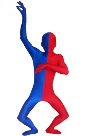 Zentai bicolore bleu et rouge élasthanne lycra déguisement seconde peau