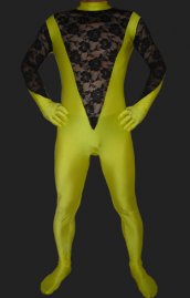 Jaune noir élasthanne lycra dentelle unisexe catsuit sans la cagoule