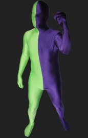 Zentai bicolore purple et vert élasthanne lycra déguisement seconde peau