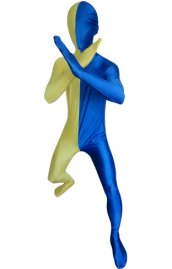 Zentai bicolore jaune et bleu élasthanne lycra déguisement seconde peau